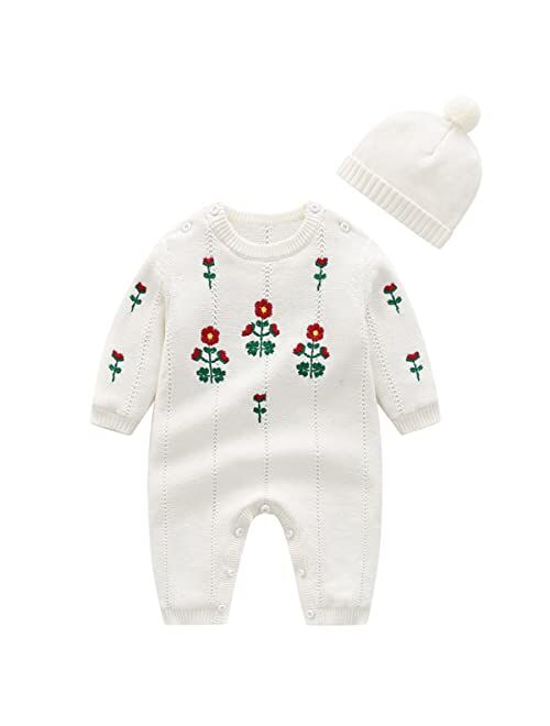 JunNeng Baby Newborn Cotton Knitted Sweater Romper Longsleeve Outfit with Warm Hat Set