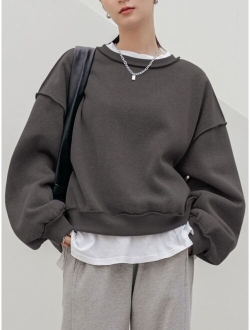 Less Solid Drop Shoulder Thermal Lined Sweatshirt Without Tee