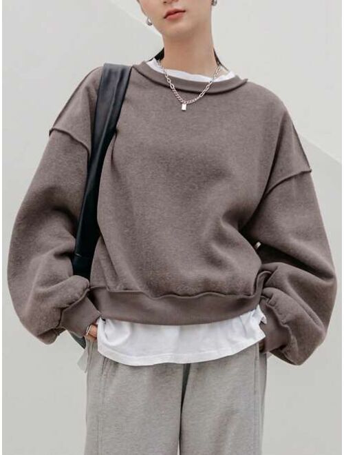 Dazy Less Solid Drop Shoulder Thermal Lined Sweatshirt Without Tee