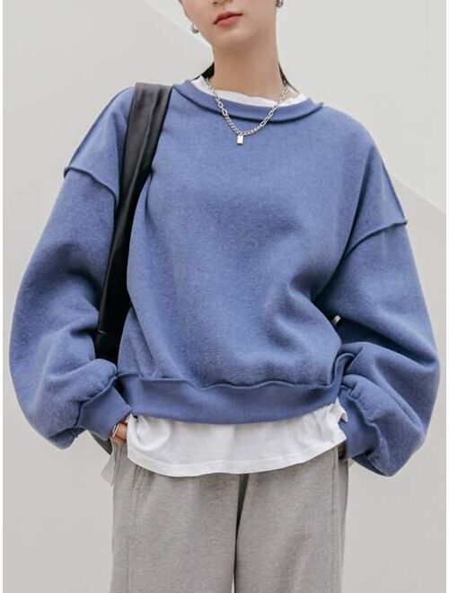 Dazy Less Solid Drop Shoulder Thermal Lined Sweatshirt Without Tee