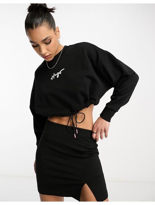 Hugo Red HUGO Delive cropped sweatshirt in black with drawstring detail