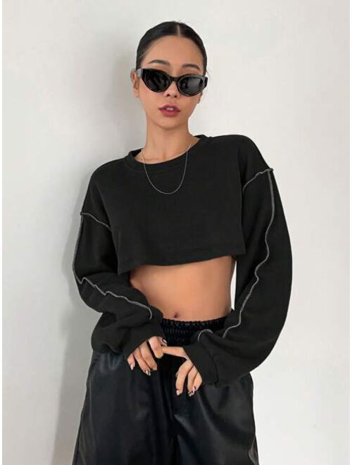 DAZY Top stitching Drop Shoulder Crop Sweatshirt