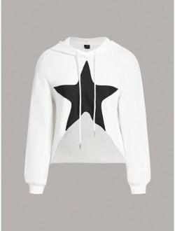 ICON Star Patched Drop Shoulder Asymmetrical Hem Drawstring Hoodie