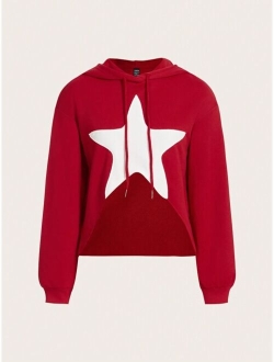 ICON Star Patched Drop Shoulder Asymmetrical Hem Drawstring Hoodie