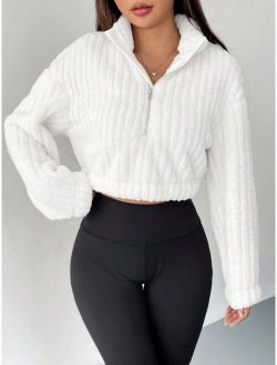 EZwear Half Zip Drop Shoulder Crop Sweatshirt