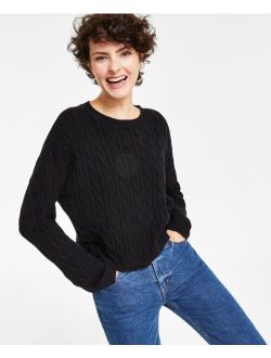 Jeans Women's Lightweight Cable Knit Cropped Long Sleeve Crewneck Sweater