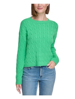 Jeans Women's Lightweight Cable Knit Cropped Long Sleeve Crewneck Sweater