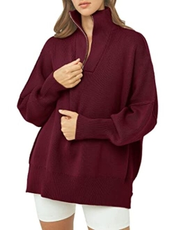 Women's 2023 Fall Pullover Oversized Sweaters Casual Long Sleeve Zip Up Collared Winter Tops Blouse