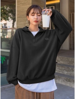 Quarter Zip Letter Embroidery Drop Shoulder Fleece Sweatshirt