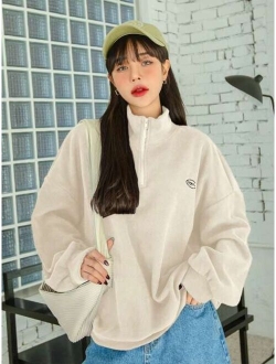 Quarter Zip Letter Embroidery Drop Shoulder Fleece Sweatshirt