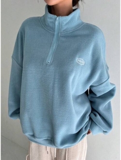 Quarter Zip Letter Embroidery Drop Shoulder Fleece Sweatshirt