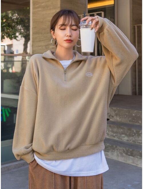 DAZY Quarter Zip Letter Embroidery Drop Shoulder Fleece Sweatshirt