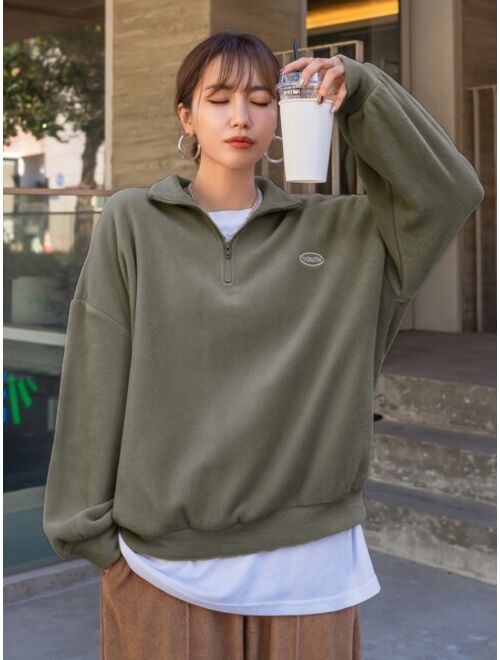 DAZY Quarter Zip Letter Embroidery Drop Shoulder Fleece Sweatshirt