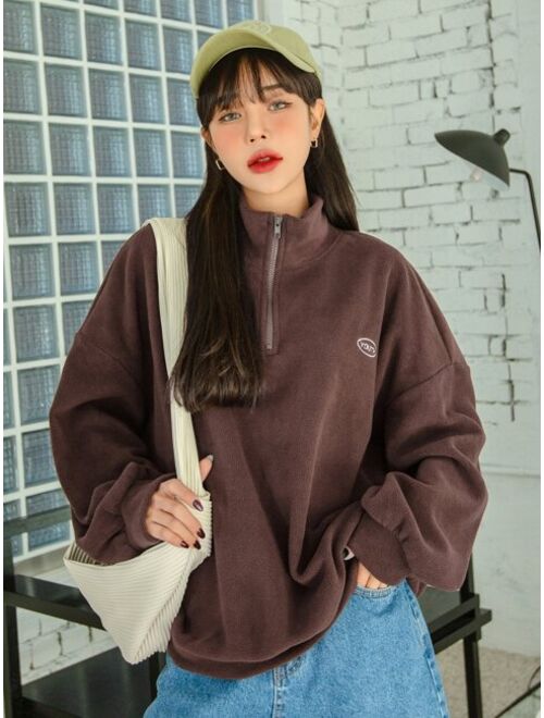 DAZY Quarter Zip Letter Embroidery Drop Shoulder Fleece Sweatshirt