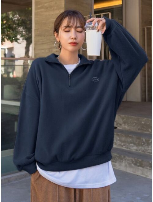 DAZY Quarter Zip Letter Embroidery Drop Shoulder Fleece Sweatshirt