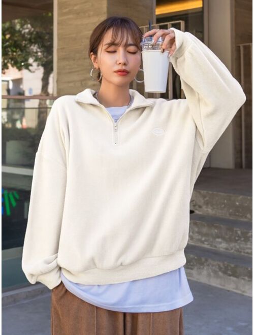 DAZY Quarter Zip Letter Embroidery Drop Shoulder Fleece Sweatshirt