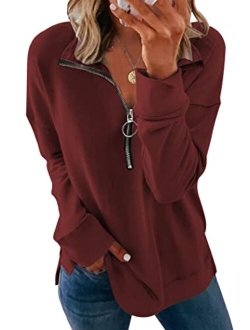 Women's Causal 1/4 Zip Pullover Long Sleeve Collar Sweatshirts Solid Activewear Running Jacket