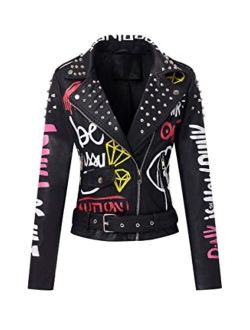 Bellivera Faux Leather Jacket for Women Studded Rivet Floral Moto Biker Short Lapel Coat