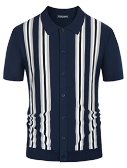 Mens Polo Shirts Vintage Striped Button Down Knitted Golf Shirts