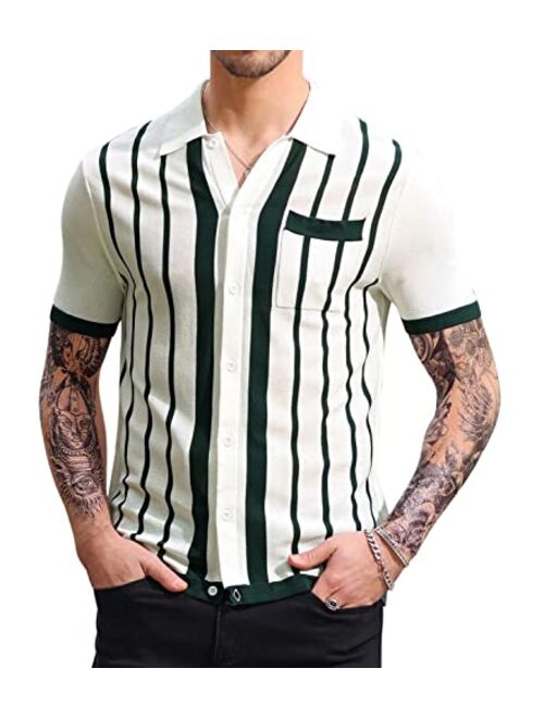 PJ PAUL JONES Mens Polo Shirts Vintage Striped Button Down Knitted Golf Shirts