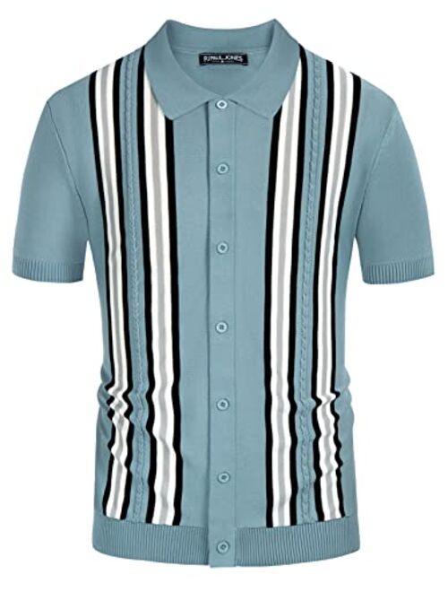 PJ PAUL JONES Mens Polo Shirts Vintage Striped Button Down Knitted Golf Shirts