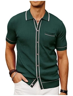 Men's Short Sleeve Knit Polo Shirt Vintage Button Down Golf Polo