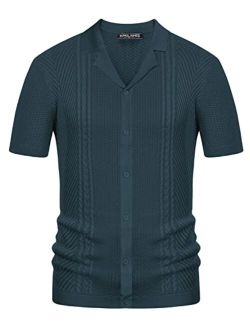 Mens Knit Polo Shirts Short Sleeve Button Down Knitted Breathable Golf Shirts