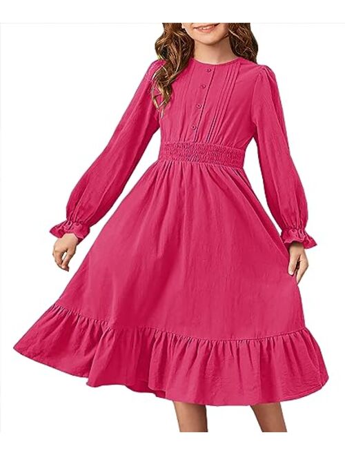 HOSIKA Girls Fall Long Sleeve Crew Neck Casual A-Line Ruffle Tiered Flowy Dress with Pockets for 6-12 Years