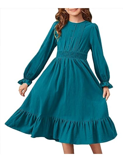 HOSIKA Girls Fall Long Sleeve Crew Neck Casual A-Line Ruffle Tiered Flowy Dress with Pockets for 6-12 Years