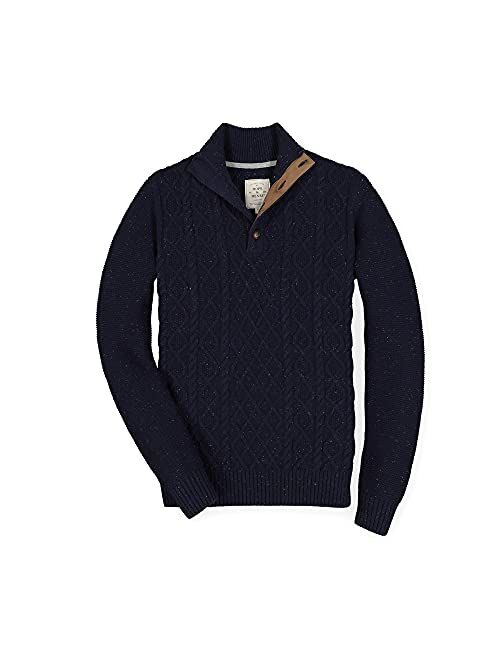 HOPE & HENRY Men's Mock Neck Cable Button Sweater with Flecks