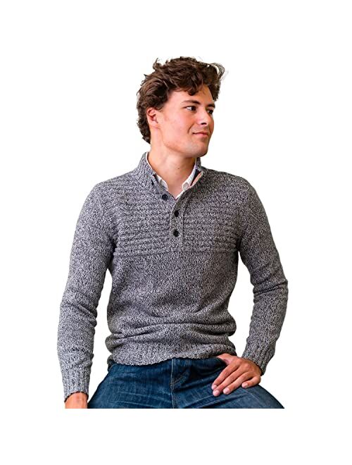 HOPE & HENRY Men's Mock Neck Cable Button Sweater with Flecks