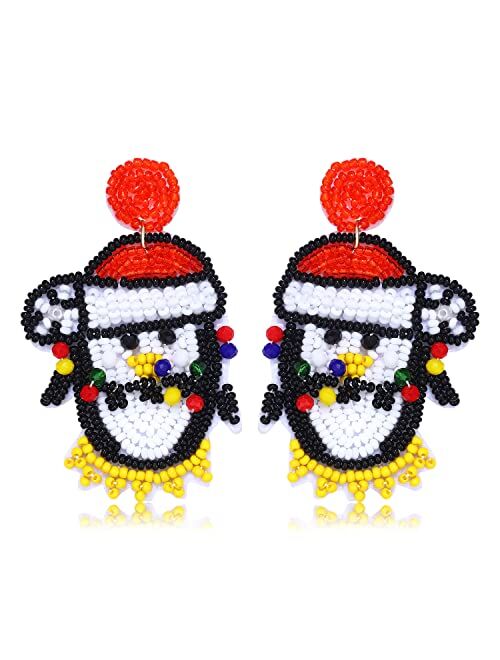 Bvga Christmas Beaded Earrings for Women Holiday Penguins Ugly Sweater Snowman Xmas Jingle Bell Beaded Dangle Earrings Statement Earrings Christmas Party Gifts