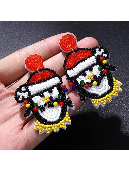 Bvga Christmas Beaded Earrings for Women Holiday Penguins Ugly Sweater Snowman Xmas Jingle Bell Beaded Dangle Earrings Statement Earrings Christmas Party Gifts