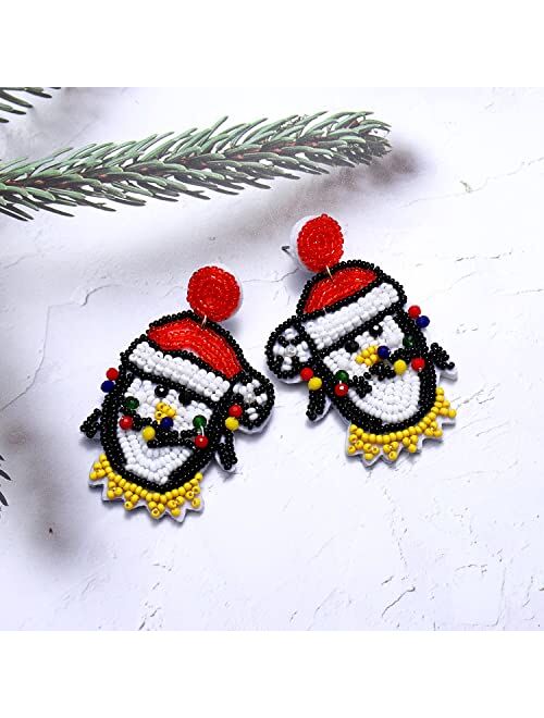 Bvga Christmas Beaded Earrings for Women Holiday Penguins Ugly Sweater Snowman Xmas Jingle Bell Beaded Dangle Earrings Statement Earrings Christmas Party Gifts