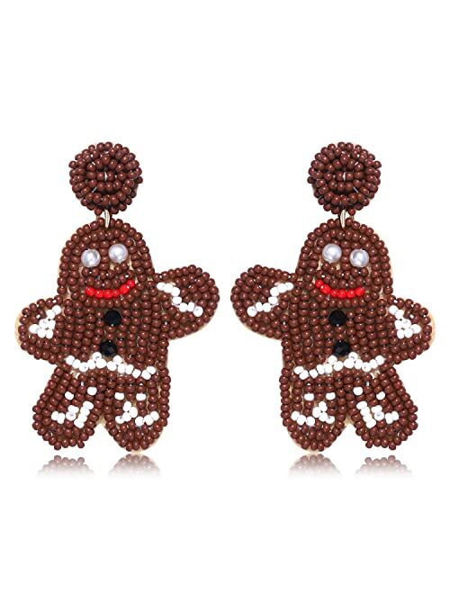 Aratlench Christmas Earrings Beaded Snowman Dangle Earrings Cute Xmas Holiday Gingerbread Drop Earrings Handmade Winter Frozen Snowmen Dangling Earring Jewelry Accessorie