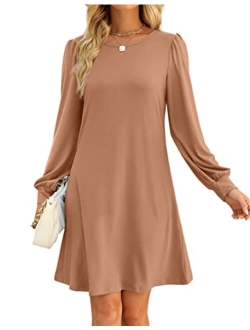 Aloodor Fall Dress for Women 2022 Long Puff Sleeve Crewneck Casual Dresses