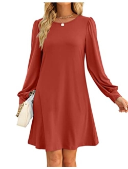 Aloodor Fall Dress for Women 2022 Long Puff Sleeve Crewneck Casual Dresses