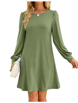 Aloodor Fall Dress for Women 2022 Long Puff Sleeve Crewneck Casual Dresses