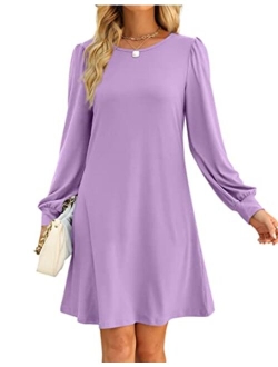 Aloodor Fall Dress for Women 2022 Long Puff Sleeve Crewneck Casual Dresses