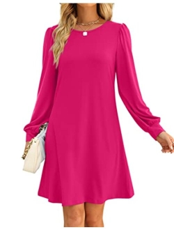 Aloodor Fall Dress for Women 2022 Long Puff Sleeve Crewneck Casual Dresses