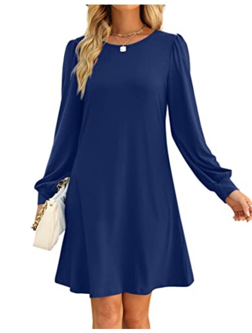 Aloodor Fall Dress for Women 2022 Long Puff Sleeve Crewneck Casual Dresses