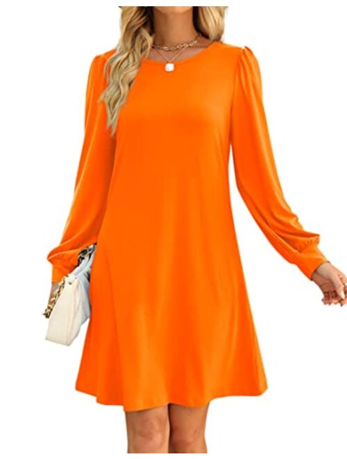 Aloodor Fall Dress for Women 2022 Long Puff Sleeve Crewneck Casual Dresses