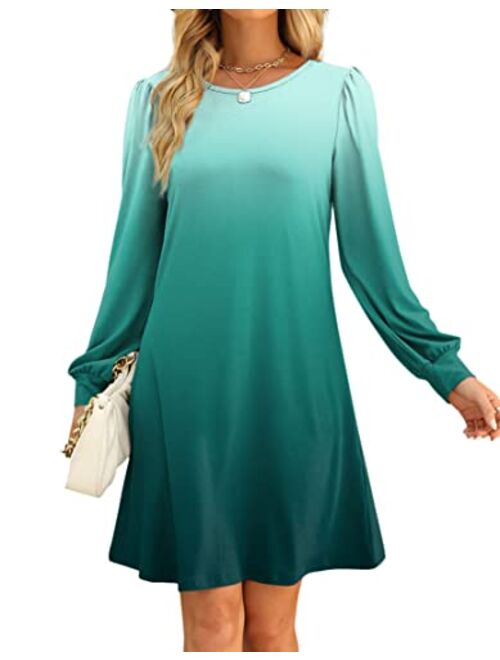 Aloodor Fall Dress for Women 2022 Long Puff Sleeve Crewneck Casual Dresses