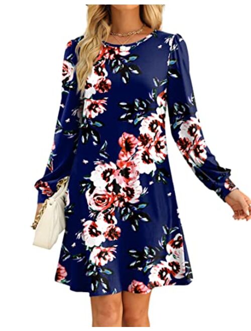 Aloodor Fall Dress for Women 2022 Long Puff Sleeve Crewneck Casual Dresses