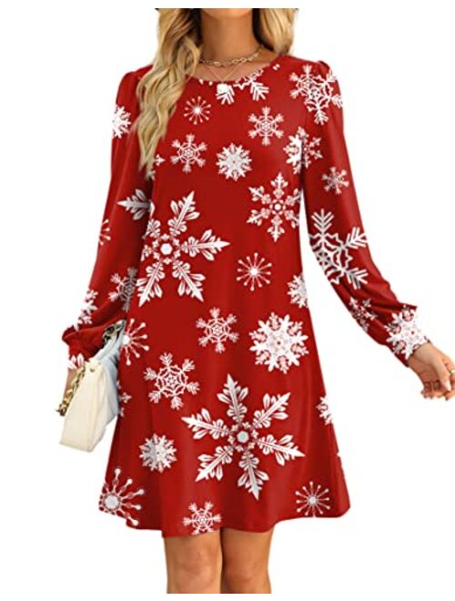 Aloodor Fall Dress for Women 2022 Long Puff Sleeve Crewneck Casual Dresses