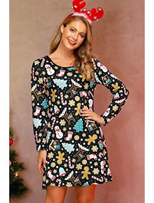 For G and PL Women's Christmas Printed Tunic Dress Long Sleeve Crewneck Casual Costume