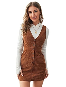 Women's V Neck Sleeveless Pocket Corduroy Button Pinafore Overall Mini Dress