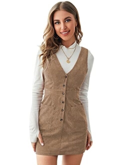 Women's V Neck Sleeveless Pocket Corduroy Button Pinafore Overall Mini Dress