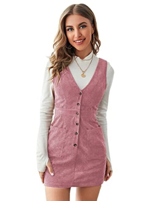 SheIn Women's V Neck Sleeveless Pocket Corduroy Button Pinafore Overall Mini Dress