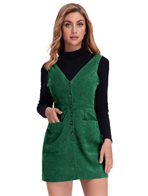 SheIn Women's V Neck Sleeveless Pocket Corduroy Button Pinafore Overall Mini Dress